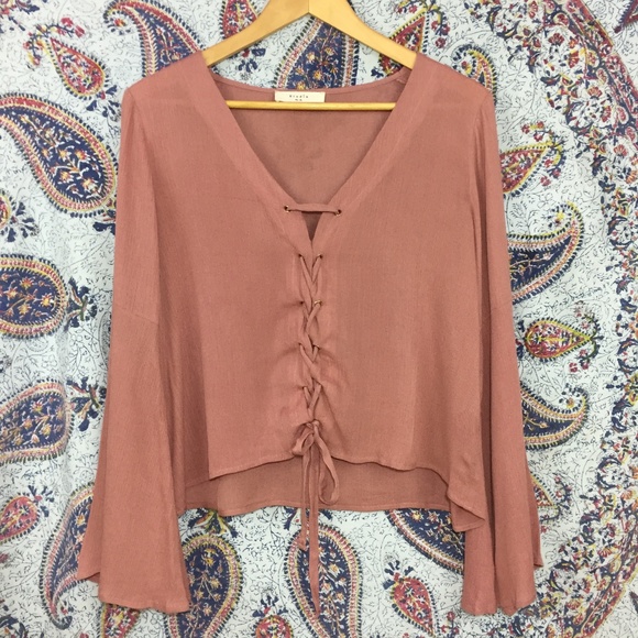 ELODIE Lace Up Bell Sleeve Womens Top Rose Pink XL - Picture 3 of 8